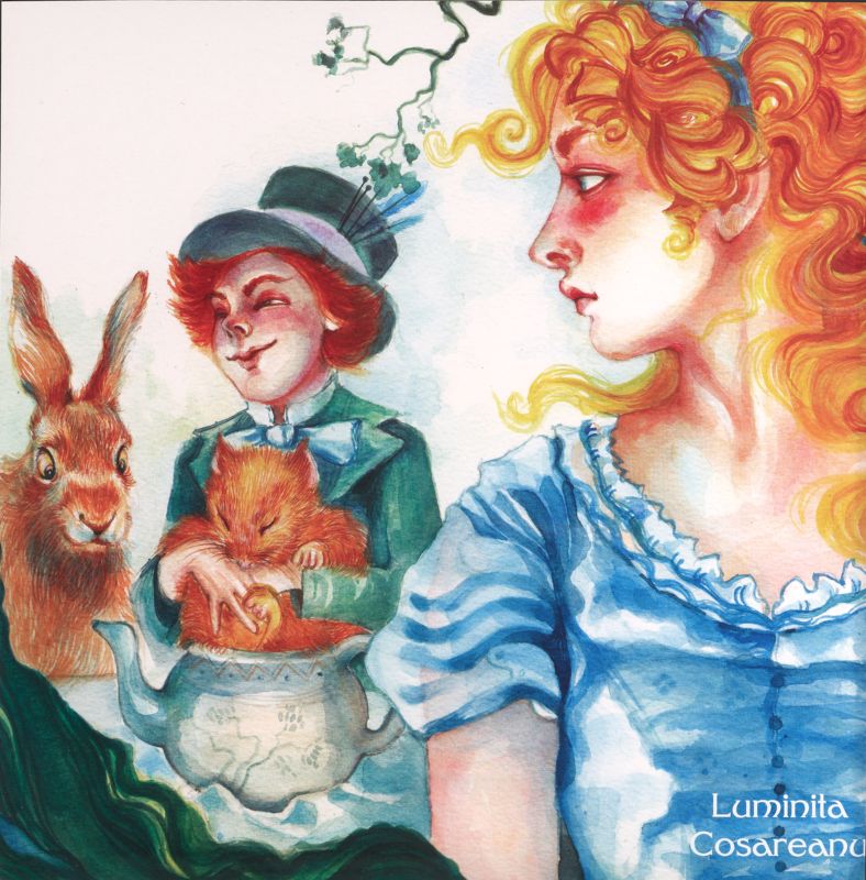 Alice eyeing the Hatter as he attempts to stuff the Dormouse into a teapot